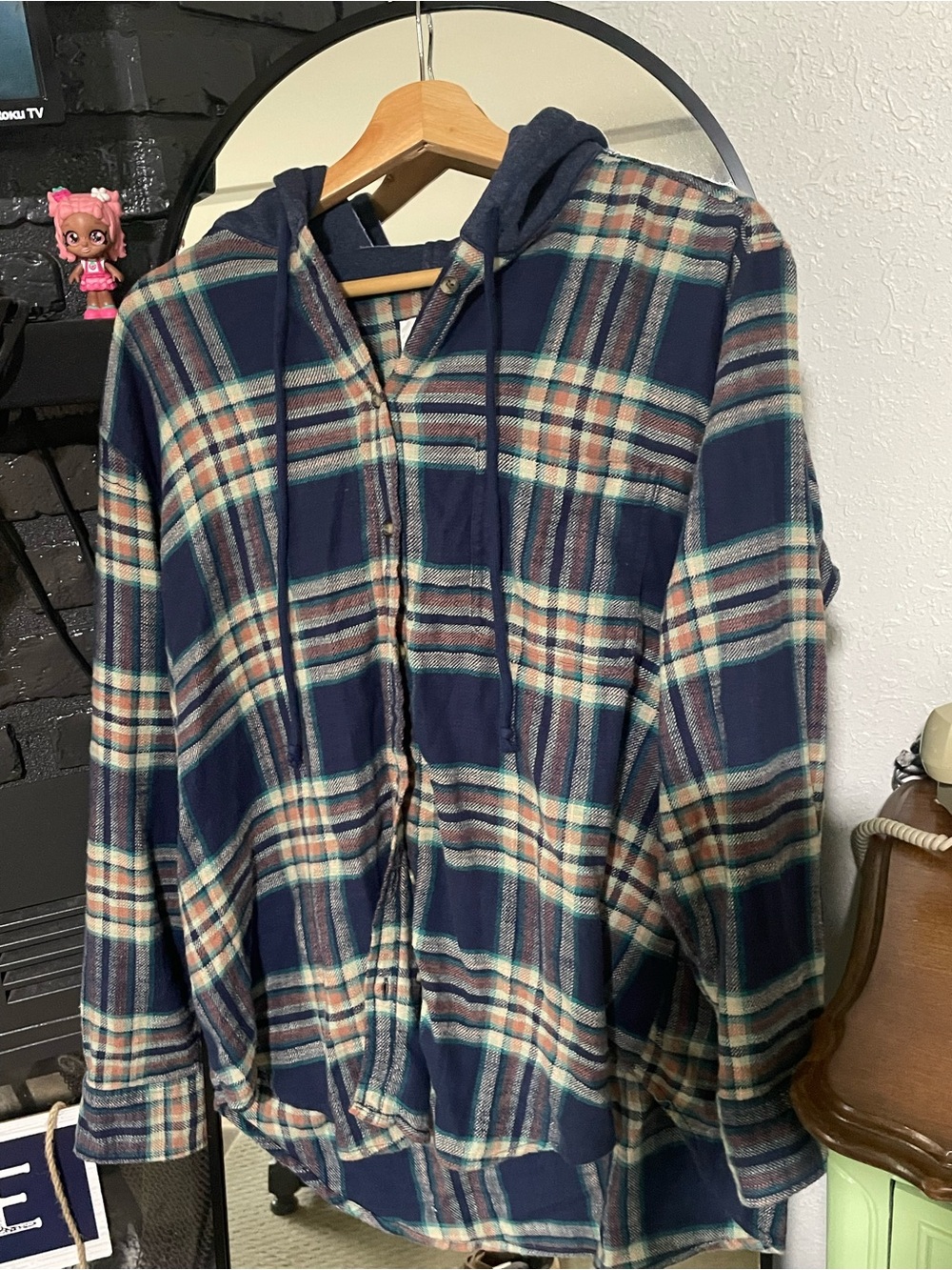 American Eagle Navy and Teal Plaid Hooded Flannel Jacket